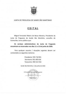 EDITAL |  Os servi&ccedil;os administrativos da Junta de Freguesia encontram-se encerrados nos dias 11 e 12 de junho 2026