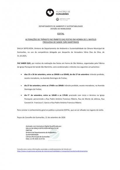 EDITAL  - ALTERA&Ccedil;&Otilde;ES DE TR&Acirc;NSITO NO &Acirc;MBITO DAS FESTAS EM HONRA DE S. MATEUS